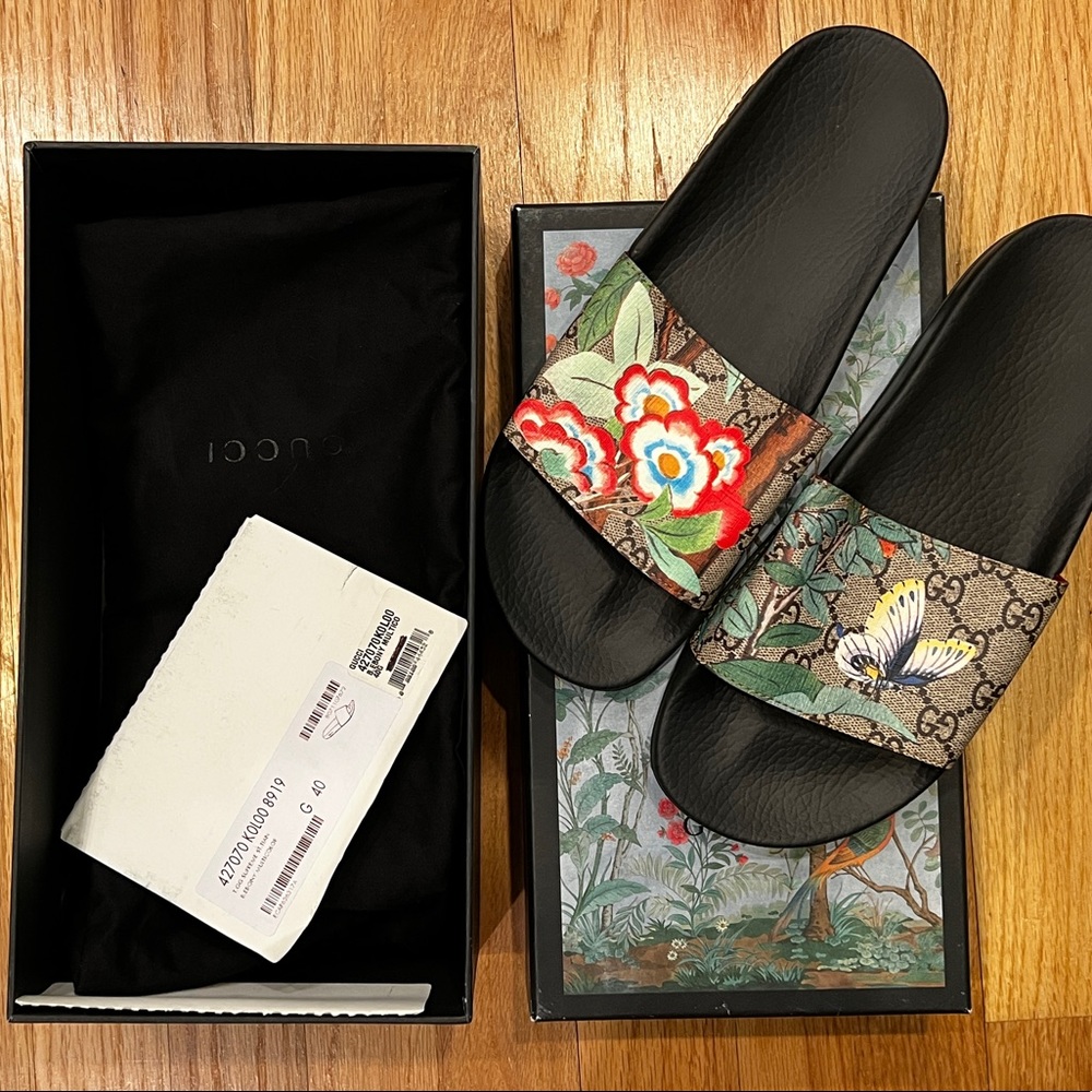 GUCCI GG Supreme Blooms Floral Print Supreme Slide Sandal, Sz 40